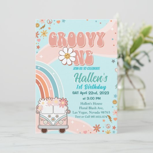 Groovy One Retro Daisy Rainbow First Birthday Kaart (Staand voorkant)