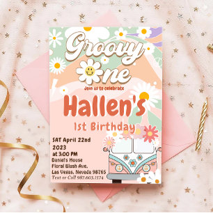 Groovy One Retro Daisy Rainbow First Birthday Kaart