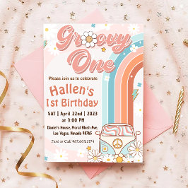 Groovy One Retro Daisy Rainbow First Birthday Kaart