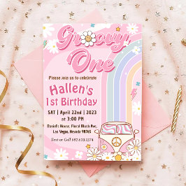 Groovy One Retro Daisy Rainbow First Birthday Kaart