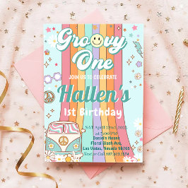 Groovy One Retro Daisy Rainbow First Birthday Kaart