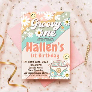 Groovy One Retro Daisy Rainbow First Birthday Kaart