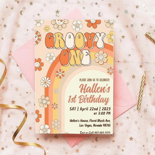 Groovy One Retro Daisy Rainbow First Birthday Kaart