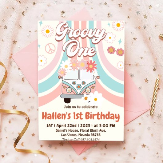 Groovy One Retro Daisy Rainbow First Birthday Kaart