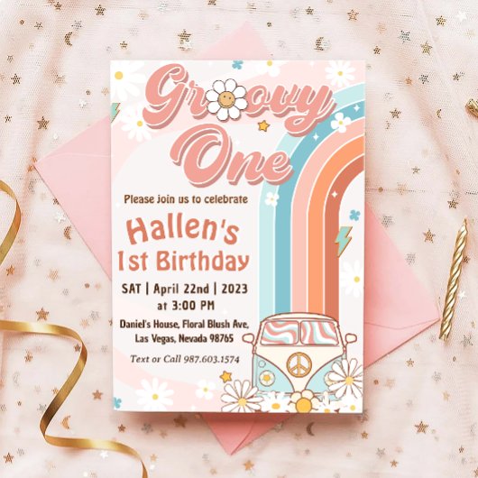 Groovy One Retro Daisy Rainbow First Birthday Kaart