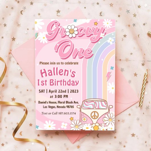 Groovy One Retro Daisy Rainbow First Birthday Kaart