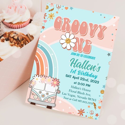 Groovy One Retro Daisy Rainbow First Birthday Kaart