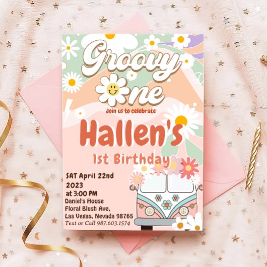 Groovy One Retro Daisy Rainbow First Birthday Kaart