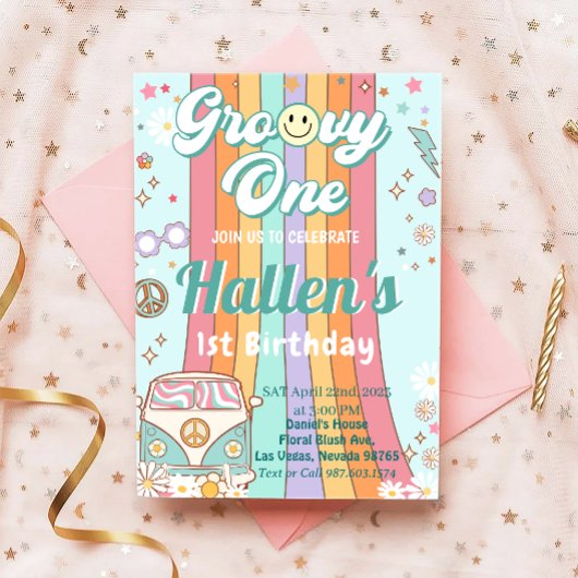 Groovy One Retro Daisy Rainbow First Birthday Kaart