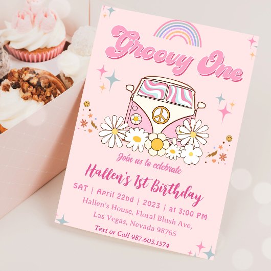 Groovy One Retro Daisy Rainbow First Birthday Kaart