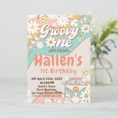Groovy One Retro Daisy Rainbow First Birthday Kaart (Staand voorkant)