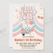 Groovy One Retro Daisy Rainbow First Birthday Kaart (Voorkant)