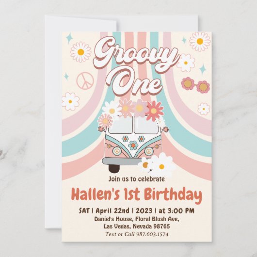 Groovy One Retro Daisy Rainbow First Birthday Kaart (Voorkant)