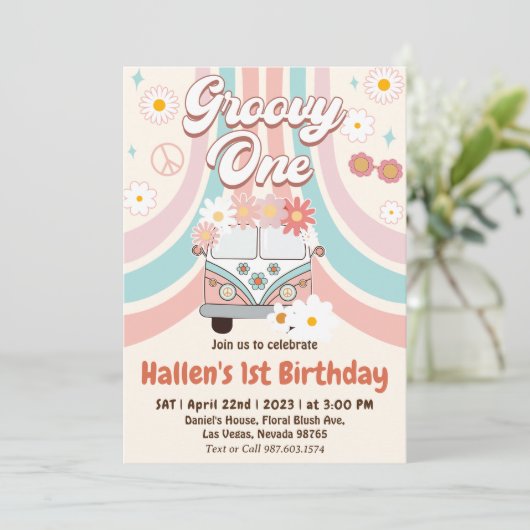 Groovy One Retro Daisy Rainbow First Birthday Kaart (Staand voorkant)