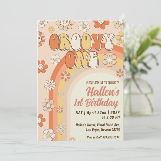 Groovy One Retro Daisy Rainbow First Birthday Kaart (Staand voorkant)