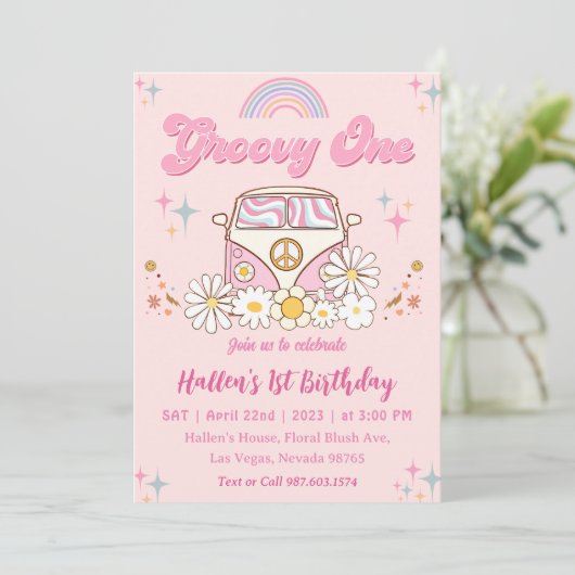 Groovy One Retro Daisy Rainbow First Birthday Kaart (Staand voorkant)
