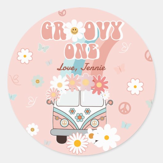 Groovy One Retro Daisy Rainbow First Birthday Ronde Sticker (Voorkant)
