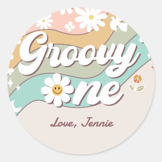 Groovy One Retro Daisy Rainbow First Birthday Ronde Sticker (Voorkant)