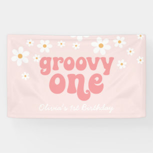 Groovy One Retro Daisy Roze 1e Verjaardag Banner