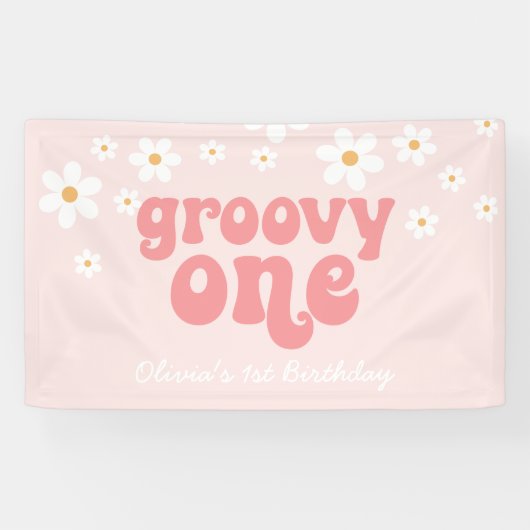 Groovy One Retro Daisy Roze 1e Verjaardag Banner (Horizontaal)
