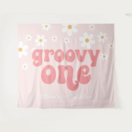 Groovy One Retro Daisy Roze 1e Verjaardag Slagbann Wandkleed (Voorkant (horizontaal))