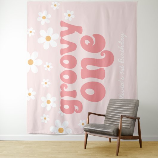 Groovy One Retro Daisy Roze 1e Verjaardag Slagbann Wandkleed (In situ)