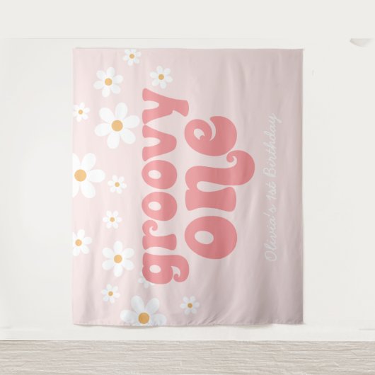 Groovy One Retro Daisy Roze 1e Verjaardag Slagbann Wandkleed (Voorkant)