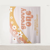 Groovy One Retro Daisy Verjaardag Banner Wandkleed (Voorkant)