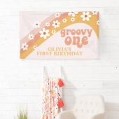 Groovy One Retro Daisy Verjaardagsbanner Spandoek (Insitu)