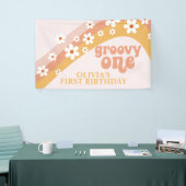 Groovy One Retro Daisy Verjaardagsbanner Spandoek (Beurs)