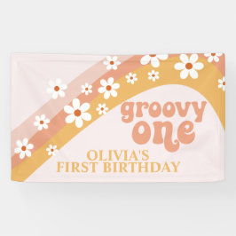 Groovy One Retro Daisy Verjaardagsbanner Spandoek