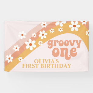 Groovy One Retro Daisy Verjaardagsbanner Spandoek