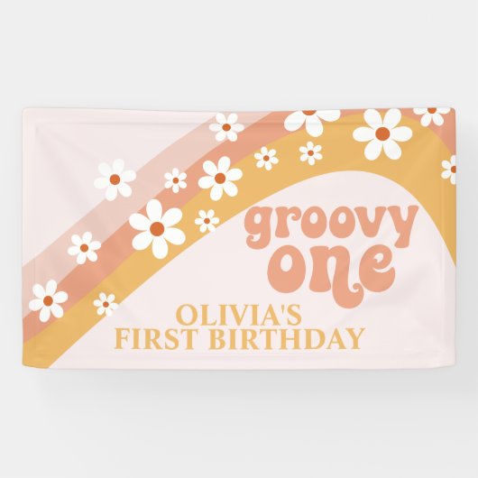 Groovy One Retro Daisy Verjaardagsbanner Spandoek (Horizontaal)