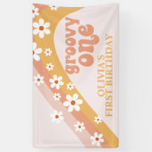 Groovy One Retro Daisy Verjaardagsbanner Spandoek (Verticaal)