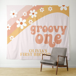 Groovy One Retro Daisy Verjaardagsbanner Wandkleed