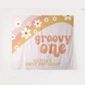 Groovy One Retro Daisy Verjaardagsbanner Wandkleed (Voorkant (horizontaal))