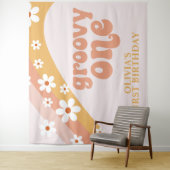 Groovy One Retro Daisy Verjaardagsbanner Wandkleed (In situ)