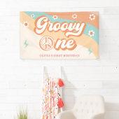 Groovy One Retro Daisy Verjaardagsfeestbanner Spandoek (Insitu)