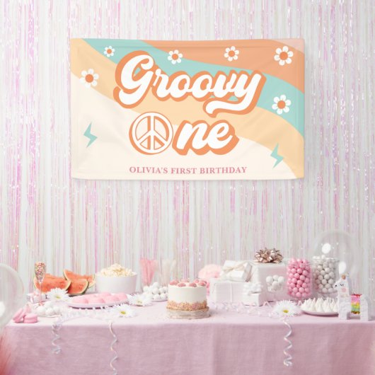 Groovy One Retro Daisy Verjaardagsfeestbanner Spandoek (Feest)