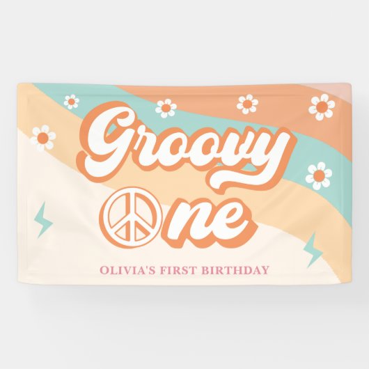 Groovy One Retro Daisy Verjaardagsfeestbanner Spandoek (Horizontaal)