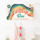 Groovy One Retro Daisy Verjaardagsfeestbanner Spandoek (Insitu)