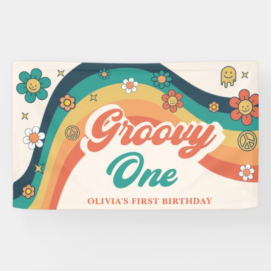 Groovy One Retro Daisy Verjaardagsfeestbanner Spandoek (Horizontaal)