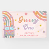 Groovy One Retro Daisy Verjaardagsfeestje Spandoek (Horizontaal)
