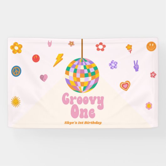 Groovy One Retro Disco Ball 1e Verjaardagsfeest Spandoek (Horizontaal)