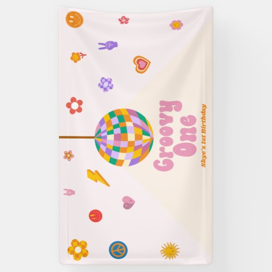 Groovy One Retro Disco Ball 1e Verjaardagsfeest Spandoek (Verticaal)