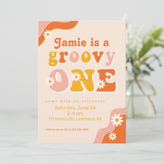 Groovy One Retro First Birthday Invitation Kaart (Staand voorkant)