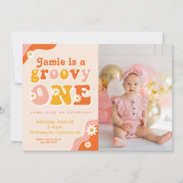 Groovy One Retro First Birthday Photo Invitation Kaart