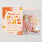 Groovy One Retro First Birthday Photo Invitation Kaart (Voorkant / Achterkant)