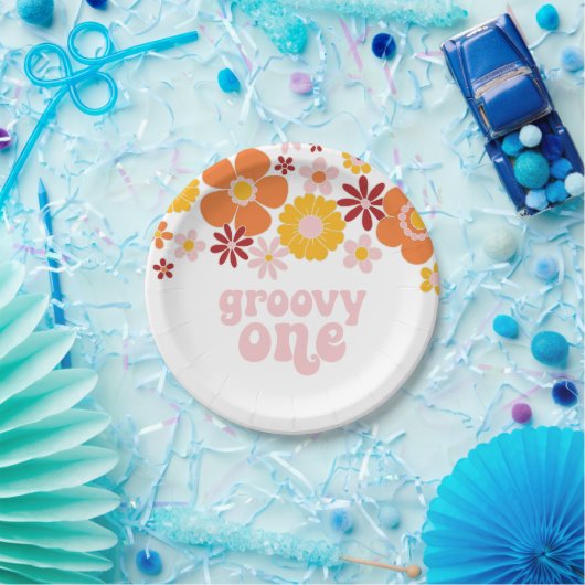 Groovy One Retro Floral 1 e verjaardag Papieren Bordje (Feest)