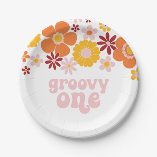 Groovy One Retro Floral 1 e verjaardag Papieren Bordje (Voorkant)